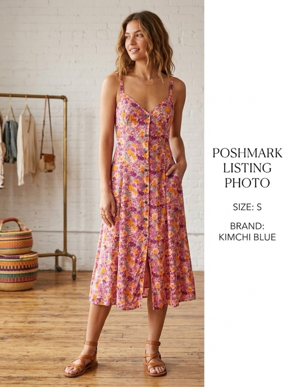 Kimchi Blue | Size Small | Graziano Pink Floral Button-Front Midi Slip Dress